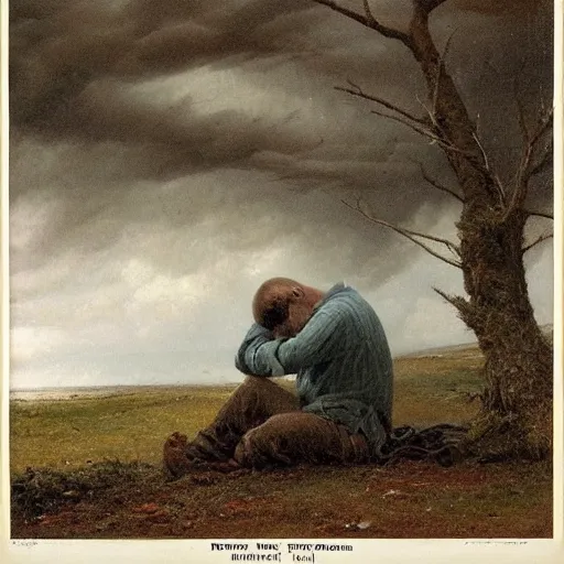 Image similar to pantone, ray tracing by joseph farquharson melancholic, extemporaneous. a body art of a man caught in a storm, buffeted by wind & rain. he clings to a tree for support, but the tree is bent by the force of the storm. he is soaking wet. his face is contorted with fear & effort.