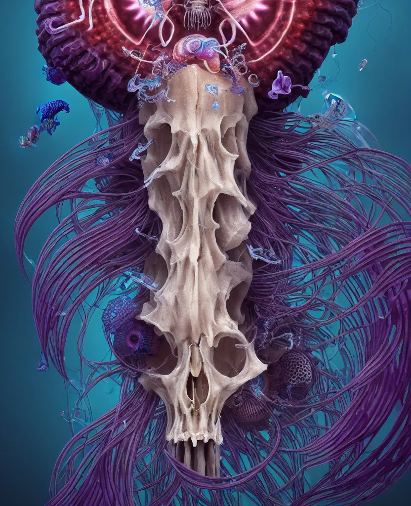 Image similar to goddess close-up portrait ram skull, thorax, x-ray, backbone, jellyfish phoenix head, nautilus, orchid, skull, betta fish, bioluminiscent creatures, intricate artwork by Tooth Wu and wlop and beeple. octane render, trending on artstation, greg rutkowski very coherent symmetrical artwork. cinematic, hyper realism, high detail, octane render, 8k