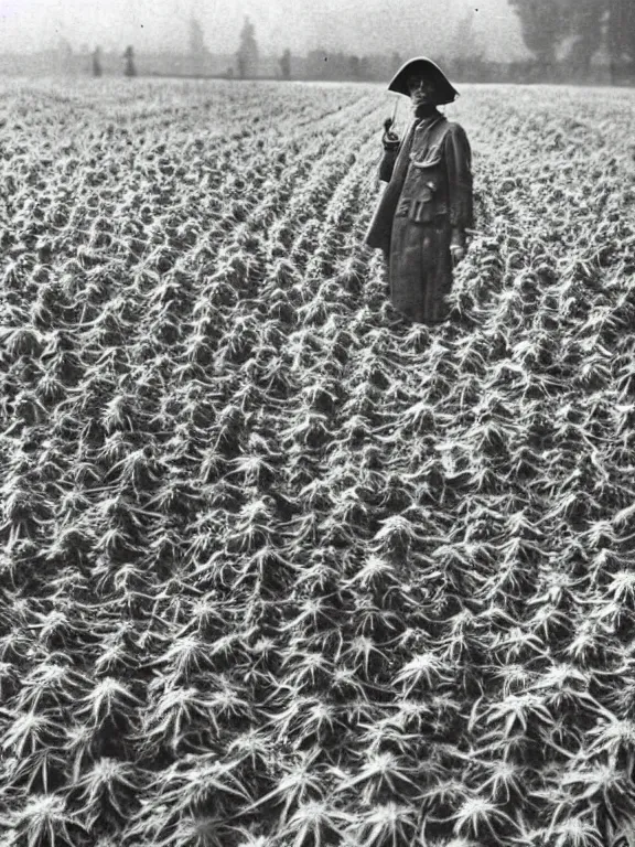 Prompt: grim reaper with no face in cannabis field, ww1 photo, grainy, high detail, high resolution,