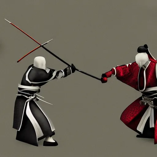 Prompt: Samurai vs knight crossing swords in fight, render, photorealistic