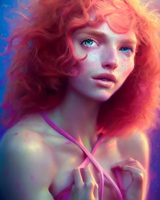 Image similar to female influencer, perfect face, pink halter top, ginger hair, abs, cinematic, freckles, stunning, adorable, cute, athletic, strong, agile, highly detailed, psychedelic, digital painting, artstation, smooth, hard focus, illustration, art by jessica rossier and and brian froud