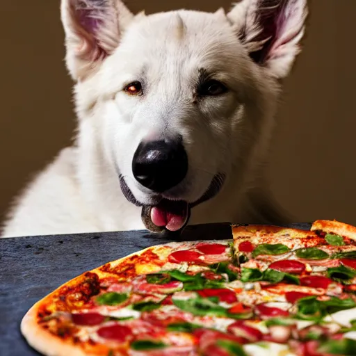 Image similar to detailed photo of a white german shepherd eating pizza, various posed, full body, studio light, 8 k, photorealism, intricate detail, diffuse lighting