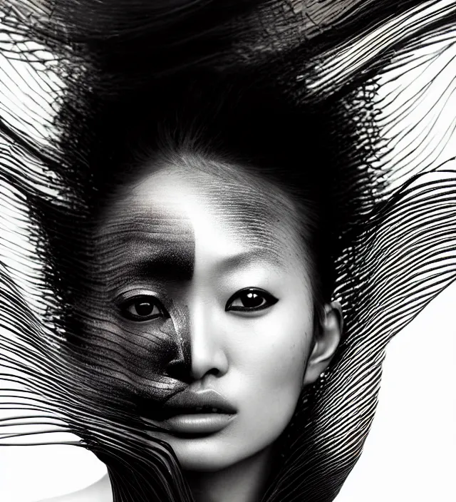 Prompt: photography face portrait of one female asian fashion model in rainforest, wearing one organic futurist shawl designed by iris van herpen,, creative colorfull - makeup, curly hair style half _ long, photography by paolo roversi nick knight, helmut newton, avedon, and araki, sky forest background, natural pose, highly detailed, skin grain detail