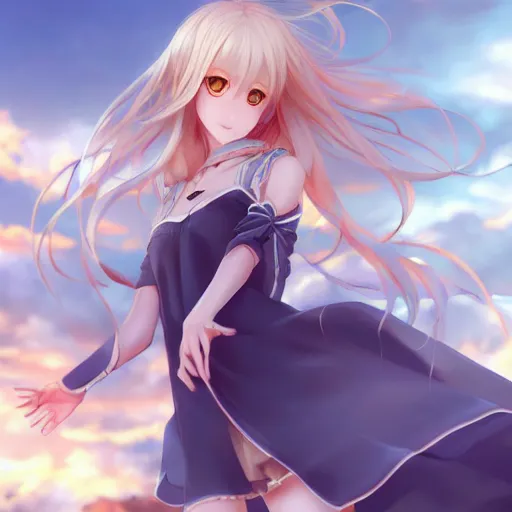 Image similar to a very beautiful anime cute girl, full body, long wavy blond hair, sky blue eyes, full round face, short smile, fancy top, miniskirt, front view, medium shot, mid-shot, highly detailed, cinematic wallpaper by Stanley Artgerm Lau