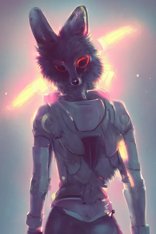 Image similar to an anthropomorphic cyberpunk fox with a fluffy tail, backlighting, trending on artstation, digital art, furry art, trending on furaffinity, fantasy art, by kawacy, view from behind