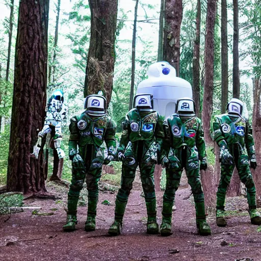 Image similar to a squad of space scouts and a tall robot wearing camo uniforms with white armor and helmets exploring a forest planet