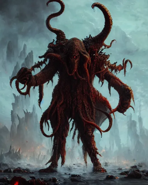 Image similar to oil painting of Angry Anthropomorphized Cthulhu Berserker, wearing fur armor, claws, sharp focus, attack pose, fantasy style, octane render, volumetric lighting, 8k high definition, by greg rutkowski, highly detailed, trending on art Station, magic the gathering artwork, burning Battlefield background, centered