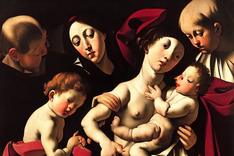 Prompt: 3 mary's and an angel, 1 7 th century caravaggio