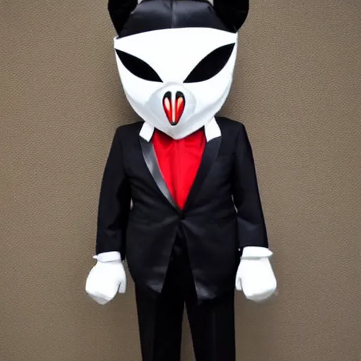 Prompt: a tuxedo for a big man with small legs, heart shaped goden mask with white lights for eyes.