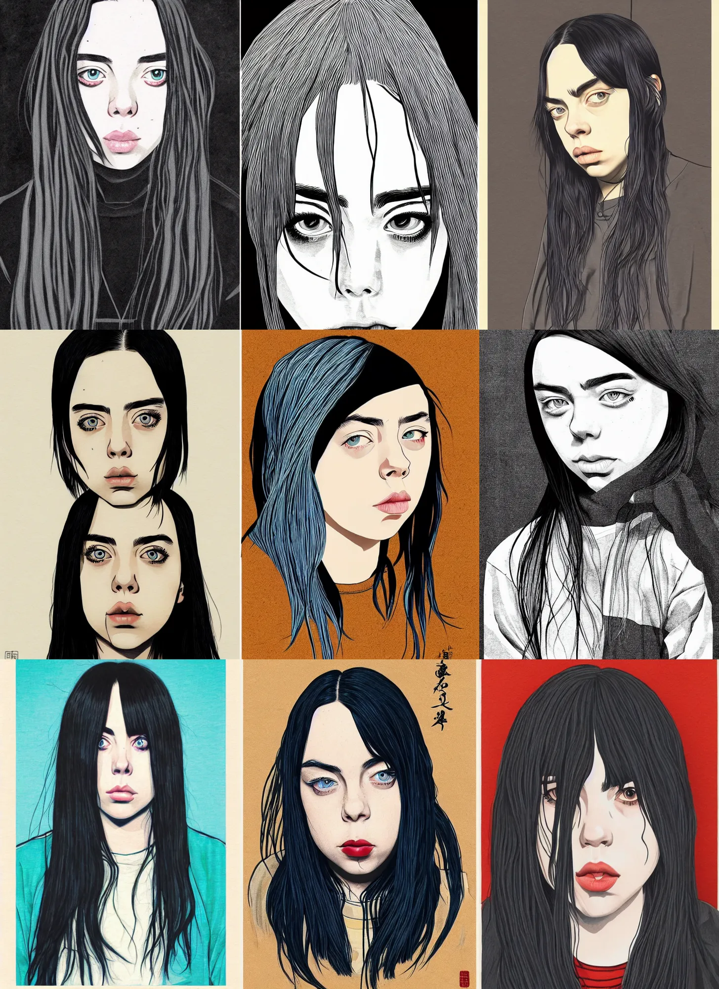 Prompt: a portrait of billie eilish. shin - hanga.