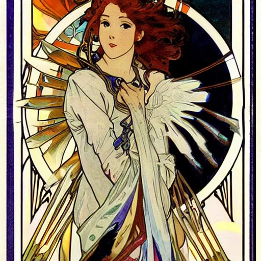 Image similar to anime manga angelic winged gundam robot astronaut portrait by Alphonse Mucha art nuevou