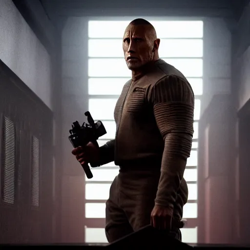 Prompt: a still from Blade Runner 2049 of Dwayne Johnson in futuristic power armor, highly detailed, 4k, cyberpunk