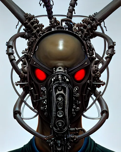 Image similar to front shot of a cyberpunk hooded dead biomechanical demon in gasmask mastermind character, intricate, elegant, highly detailed, centered, (((artstation, concept art, smooth, sharp focus, artgerm, Tomasz Alen Kopera, Peter Mohrbacher, donato giancola, Joseph Christian Leyendecker, WLOP, Boris Vallejo))), mugshot!!!!!, ugly!!!!!!, octane render, nvidia raytracing demo, grainy, muted