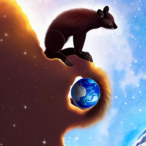 Image similar to giant pine marten in space holding a planet, digital art, trending on artstation