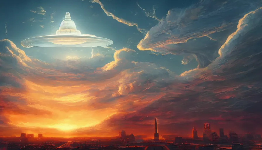 Prompt: gigantic ufo upon washington dc, sky on fire, hyperdetailed, artstation, cgsociety, 8 k