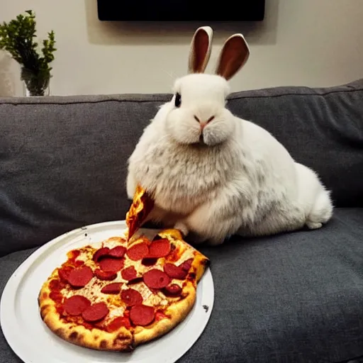 Prompt: A lop rabbit eating pizza while watching tv