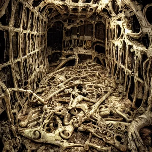 Image similar to monster made of bones and rotten flesh , abandoned space ship, dark, atmospheric , depressive