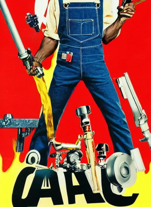 Image similar to an 8 0's john alvin action movie poster starring eddie murphy face as a plumber to rich people. bathroom. overalls. tool belt. the movie is called beverly hills crap