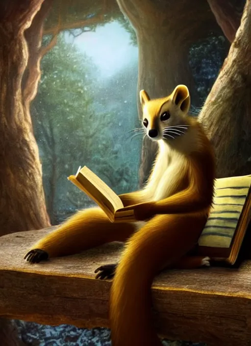 Image similar to A beautiful scene from a 2022 fantasy film featuring a humanoid pine marten genet hybrid wearing loose white clothing reading an ancient book on a couch. An anthropomorphic pine marten genet hybrid in a white tunic. Golden hour.