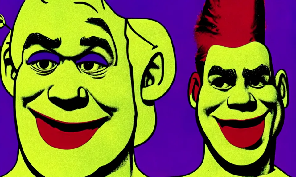 Prompt: a pop art drawing of shrek by andy warhol and roy lichtenstein, 4 k, trending on artstation, detailed, film still