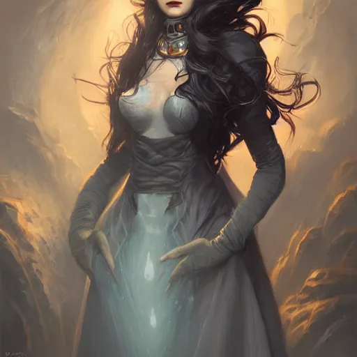 Prompt: grumpy long dark haired women, ice mage, by steve argyle by tyler jacobson by peter mohrbacher, black coat, black makeup, hyperrealistic, hyperdetailed, fantasy artwork, fantastic artwork, 4 k, trending on artstation