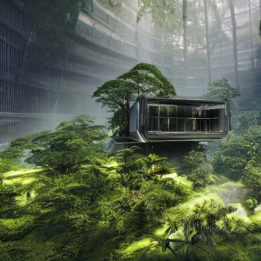 Image similar to extreme wide shot a futuristic containment building in a rainforest valley with a city in the distance, national geographic, hyper realistic, 4 k, harsh light, artstation