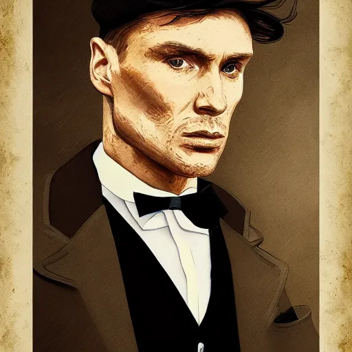 Image similar to a portrait of tommy shelby from the peaky blinders in front of atlantis, in the style of Benjamin Bader, sharp, highly detailed, realistic face, digital art, epic, fantasy, artstation