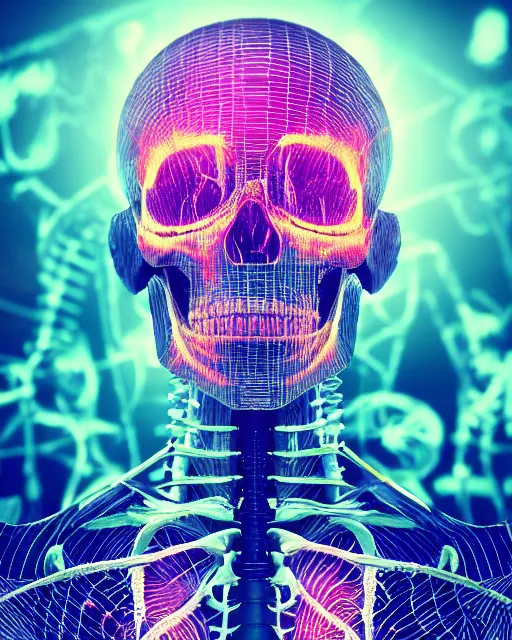 Image similar to dramatic cyberpunk portrait of a skeleton in a suit, crystalline, multicolor glow, atmospheric haze, intense shading, optic ripple, backlit, bokeh, centered