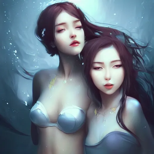 Image similar to 2 beautiful women illustration fantasy digital art by guweiz trending on artstation