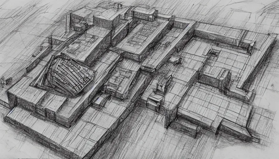 Image similar to big brutalist villain base, drawing architecture, very long shot, top angle