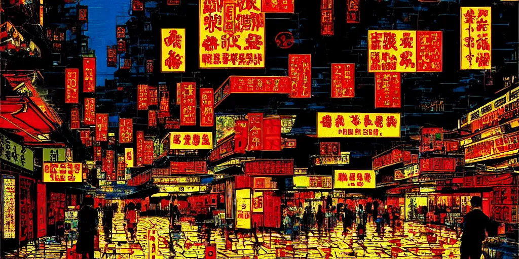 Prompt: artwork of wong kar - wai's hong kong street, by dan mumford and toshi yoshida and peter doig, vintage, highly detailed, dramatic lighting, 8 k