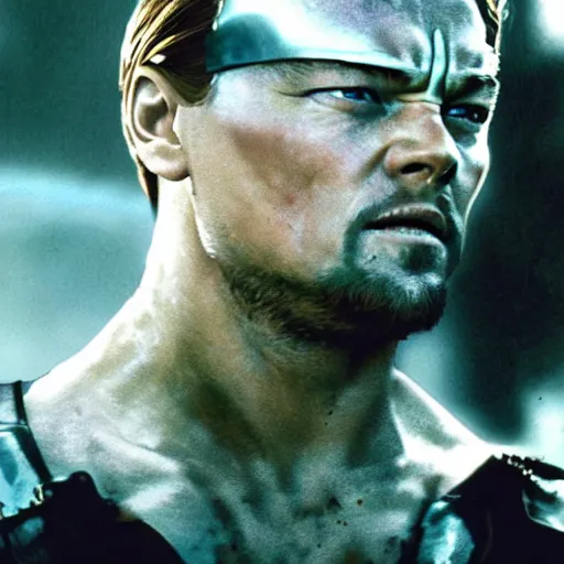 Image similar to Film still of leonardo dicaprio as The Terminator, half of face is cybernetic and exoskeleton exposed, photorealistic, burning city background