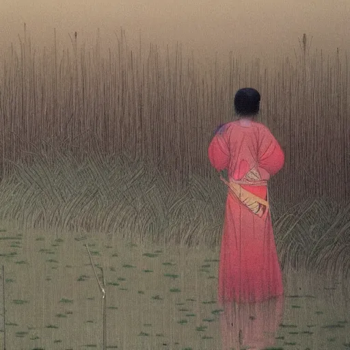 Prompt: The beautiful lover stands among the reeds by the river in the fog, Chinese style,