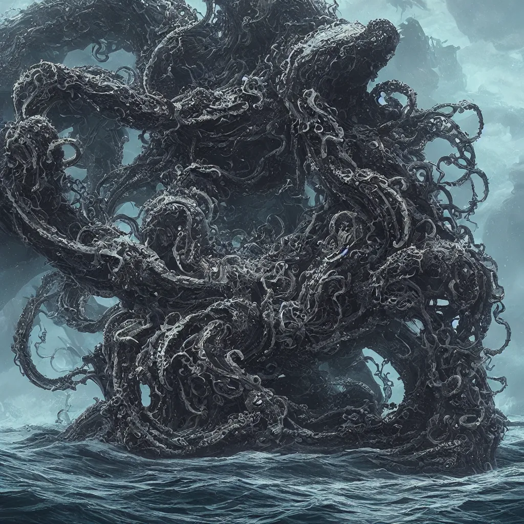 Image similar to a kraken corrupted by demonic power rising out of a stormy sea, intricate artwork by Tooth Wu and wlop and beeple. octane render, trending on artstation, greg rutkowski very coherent symmetrical artwork. cinematic, hyper realism, high detail, octane render