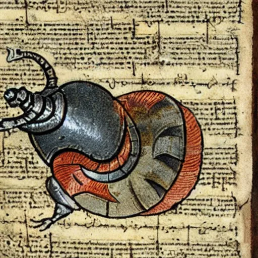 Prompt: medieval armored war snail manuscript miniature