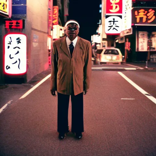 Image similar to old black man in tokyo at night, wearing ski goggles, cinestill 8 0 0,