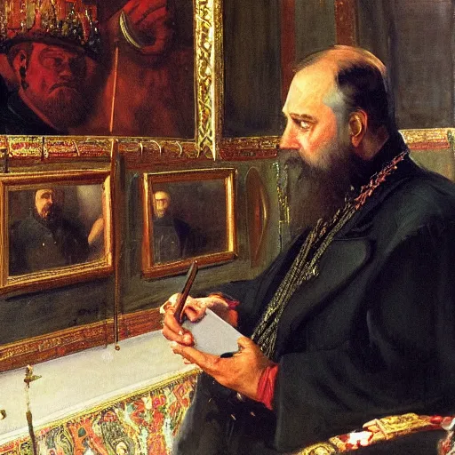 Prompt: portrait of tsar in Cap of Monomakh Ivan the Terrible watching smartphone masterpiece painting by vasnetsov and surikov, JEAN-VICTOR BERTIN, by Terence Cuneo, detailed, artfully traced, 4k resolution, cinematic, dramatic