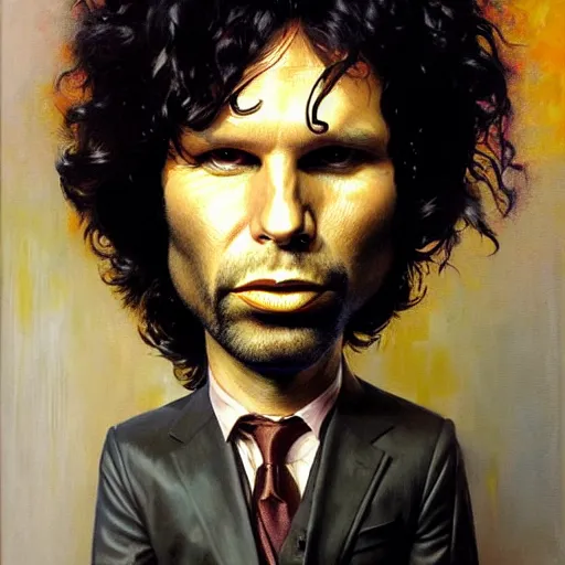 Prompt: exaggerated funny caricature portrait of jim morrison, detailed face, detailed painting, epic lighting, by ilya repin, phil hale and kent williams