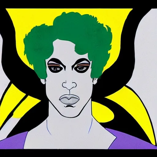 Image similar to a portrait of prince as gemini in a batman film. half his face is white with green hair. in the style of herbert bayer