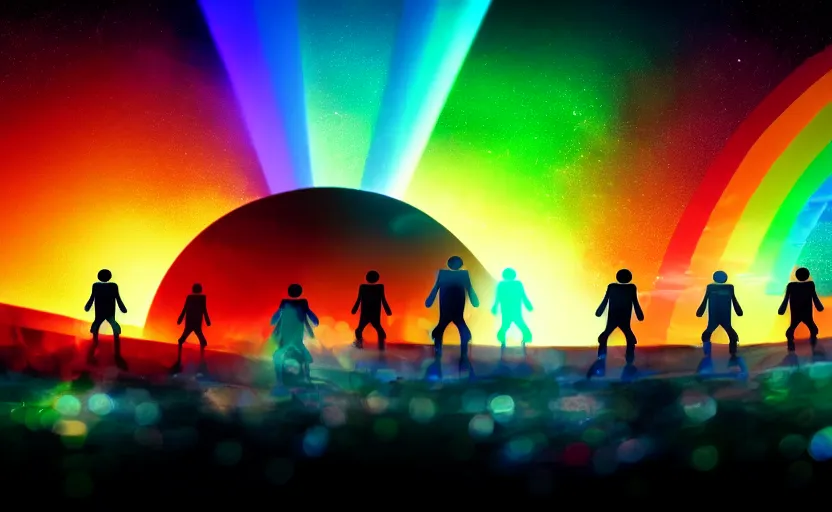 Image similar to crowd of humans and robots running from earth to mars on a rainbow bridge, ultra hd, neon colors