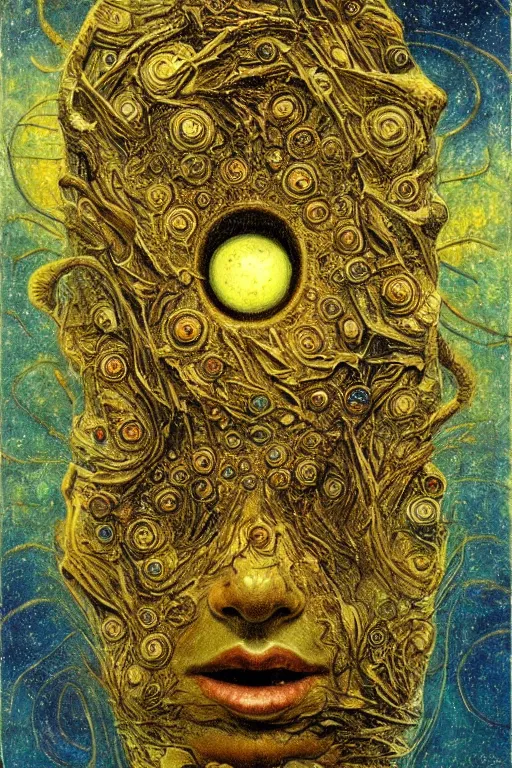 Image similar to The Ergot Spore by Karol Bak, Jean Deville, Gustav Klimt, and Vincent Van Gogh, otherworldly, fractal structures, arcane, prophecy, ornate gilded medieval icon, third eye, spirals