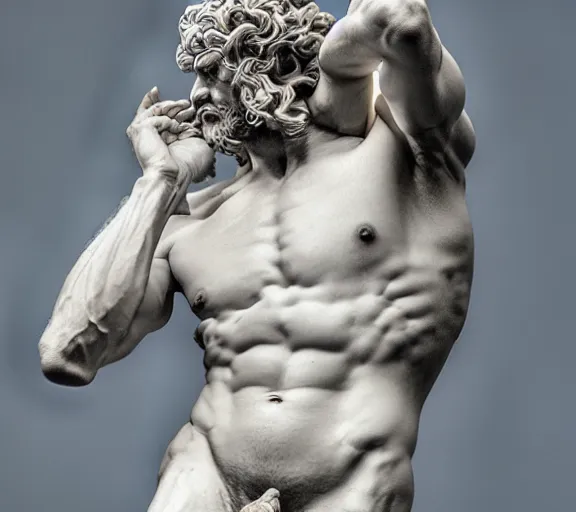 Image similar to a hyper-detailed marble status of Poseidon by Michelangelo; anatomically correct; an extraordinary masterpiece!!!; proud posture; photorealistic eyes; trending on artstation; f/1.4; 90mm