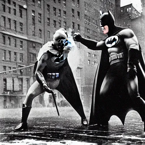 Image similar to a close - up old black and white photo, 1 9 1 3, depicting batman fighting a bad guy in an ally of new york city, rule of thirds, historical record