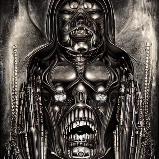 Prompt: the blasphemous caricature of the human body, cyborg, hyperealistic detailed photography, divinity, awful, religious art, cyberpunk, by h. r. giger