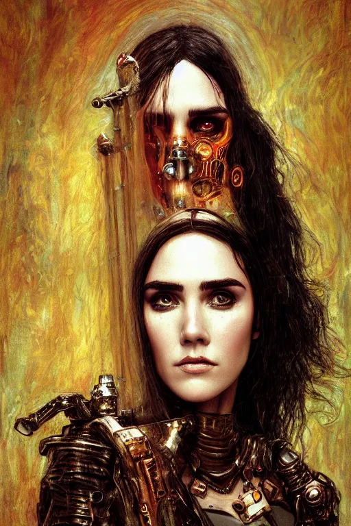 Prompt: portrait of young beautiful gothic Jennifer Connelly, cyberpunk, Warhammer, highly detailed, artstation, illustration, art by Gustav Klimt