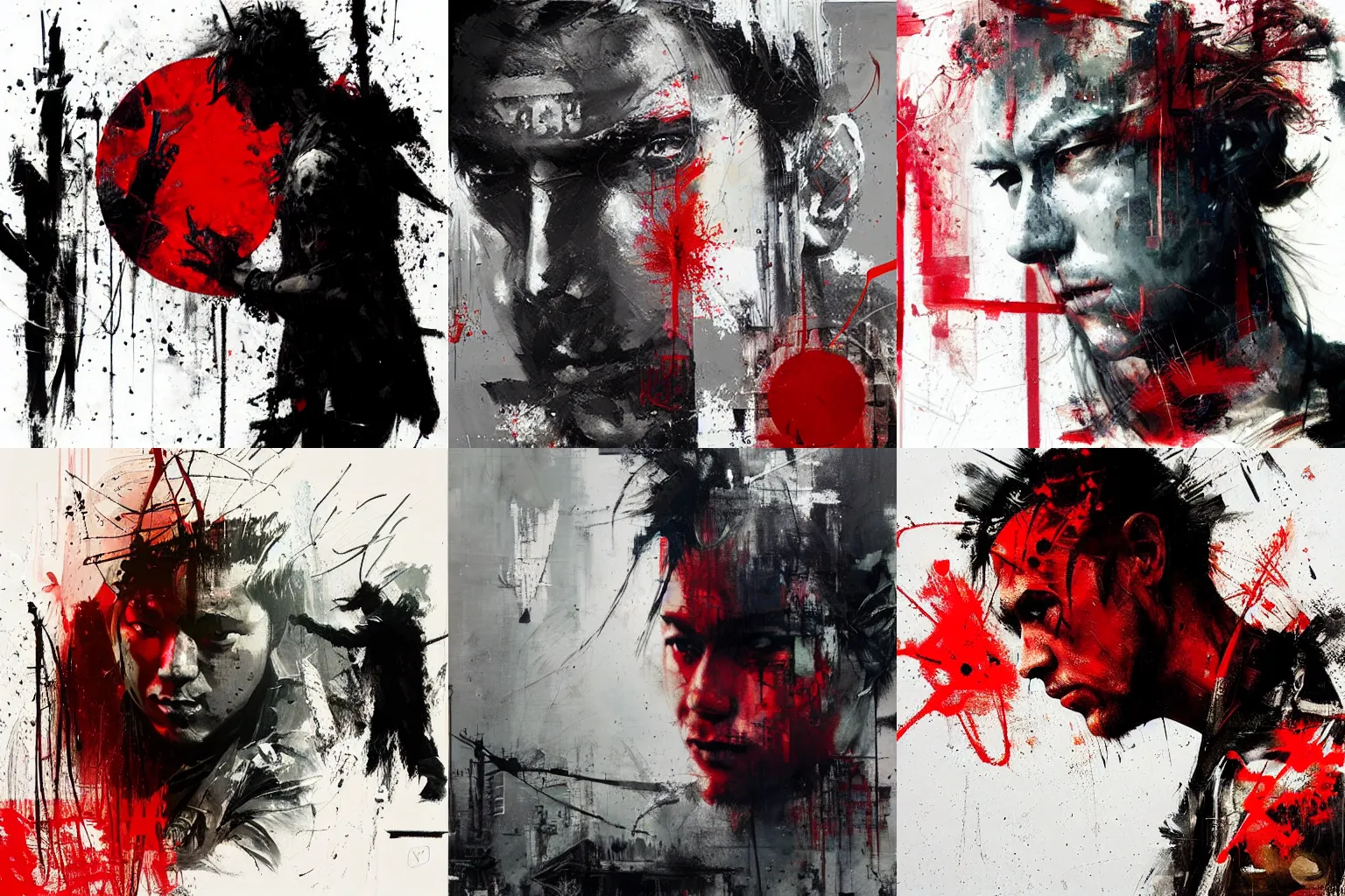 Prompt: artwork by Jeremy Mann and Russ Mills showing a samurai in front of a red circle