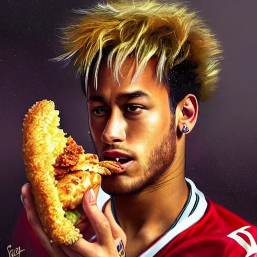 Image similar to Neymar eating a KFC zinger, closeup, giant zinger, D&D, fantasy, intricate, elegant, highly detailed, digital painting, artstation, concept art, matte, sharp focus, illustration, art by Artgerm and Greg Rutkowski and Alphonse Mucha