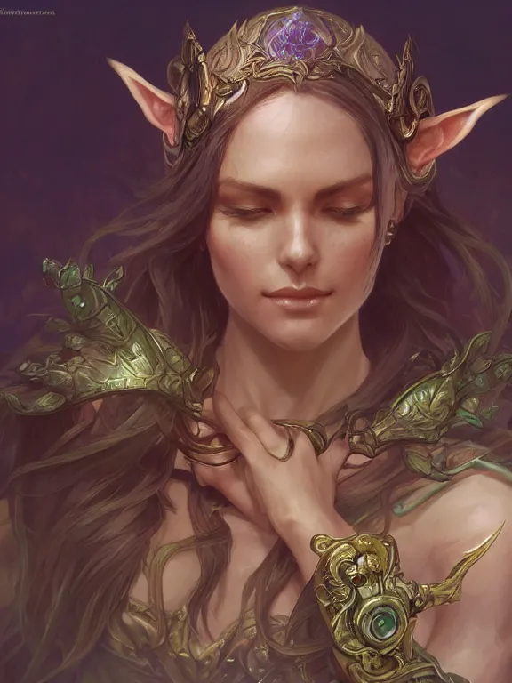 Image similar to world of warcraft elven druid, fantasy, intricate, elegant, highly detailed, digital painting, artstation, concept art, wallpaper, smooth, sharp focus, illustration, art by artgerm and greg rutkowski and alphonse mucha