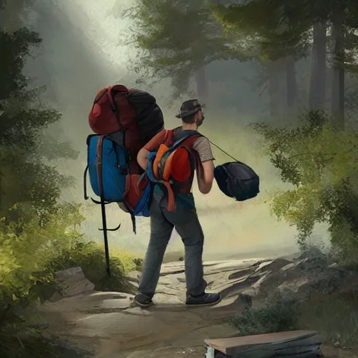 Image similar to hiker unloading the car before camping, by etienne hebinger, cgsociety, fantasy art, 2 d game art