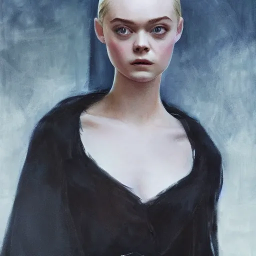 Prompt: ultra realistic medium shot portrait painting of elle fanning in prey wearing black cultist robes surrounded by fire, art by frank frazetta, 4 k, ultra realistic, highly detailed, epic lighting